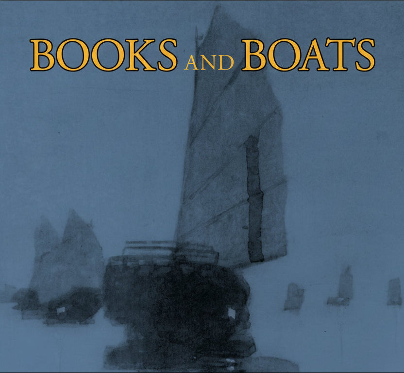 Book cover of 'Books and Boats' with a silhouette of a boat and mountains.