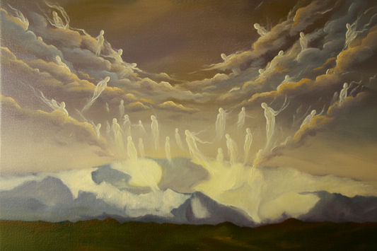 Mystical scene with figures on clouds and a bright light source